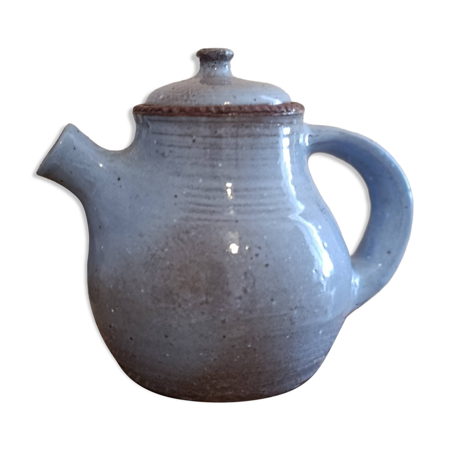 Ceramic teapot in blue/grey glaze, signed by Jeanne and Norbert Pierlot.