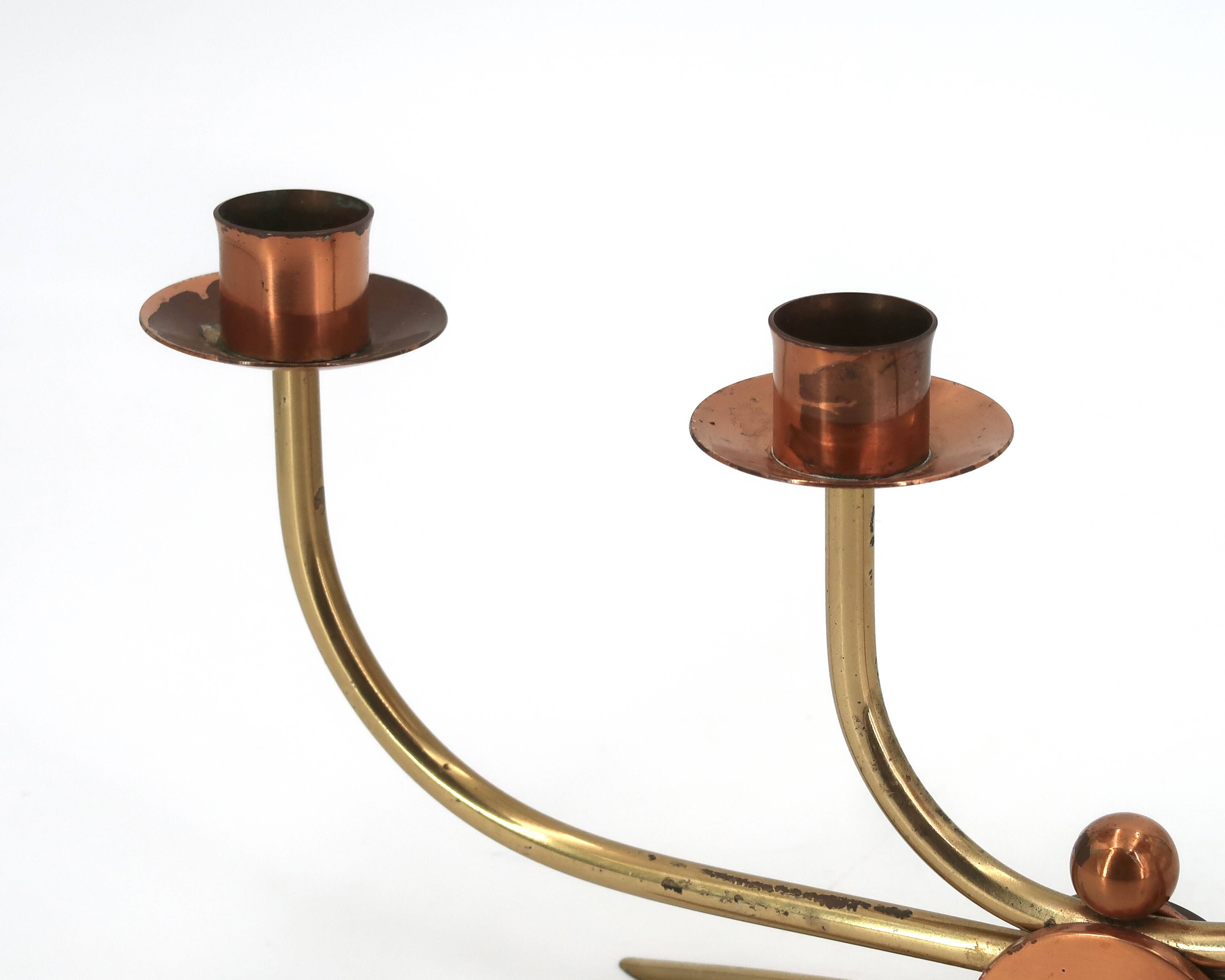Scandinavian four-branch candlestick in copper and brass, 1950s