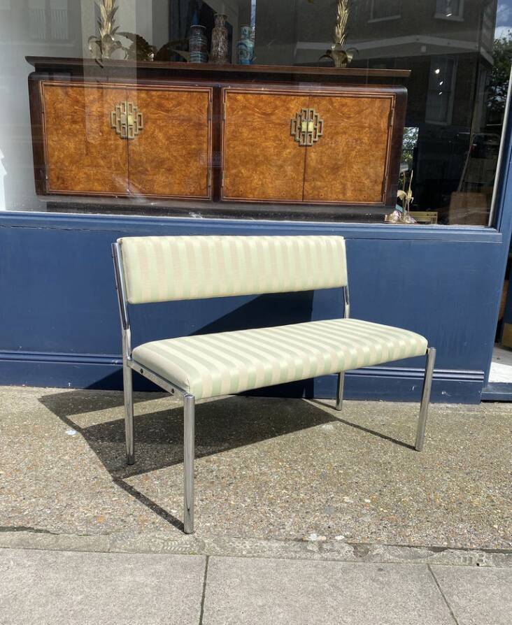 Chrome Bench Green Stripped 1970s Hollywood Regency Modernist Vintage
