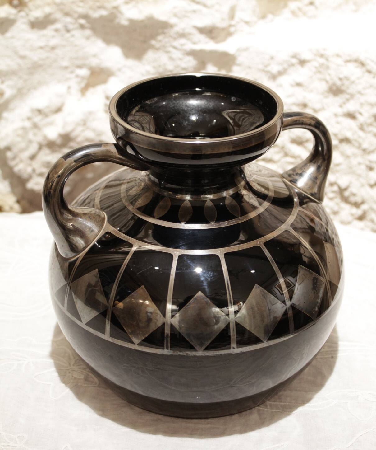 Black and silver glass vase signed hem, michel herman, circa 1930
