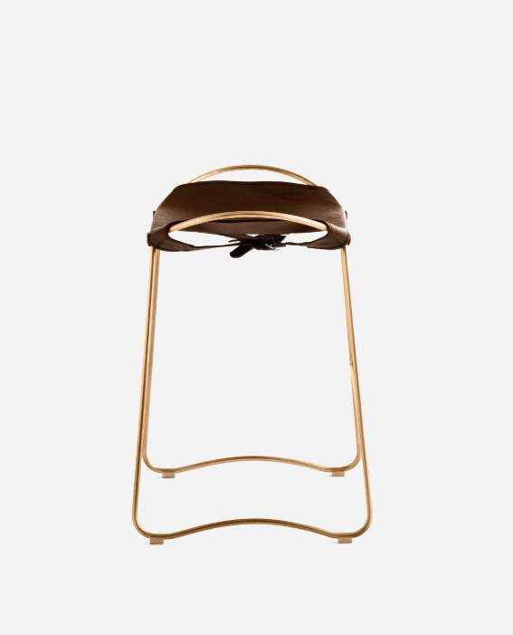 Kitchen Counter Stool Aged Brass Steel & Dark Brown Leather Contemporary St