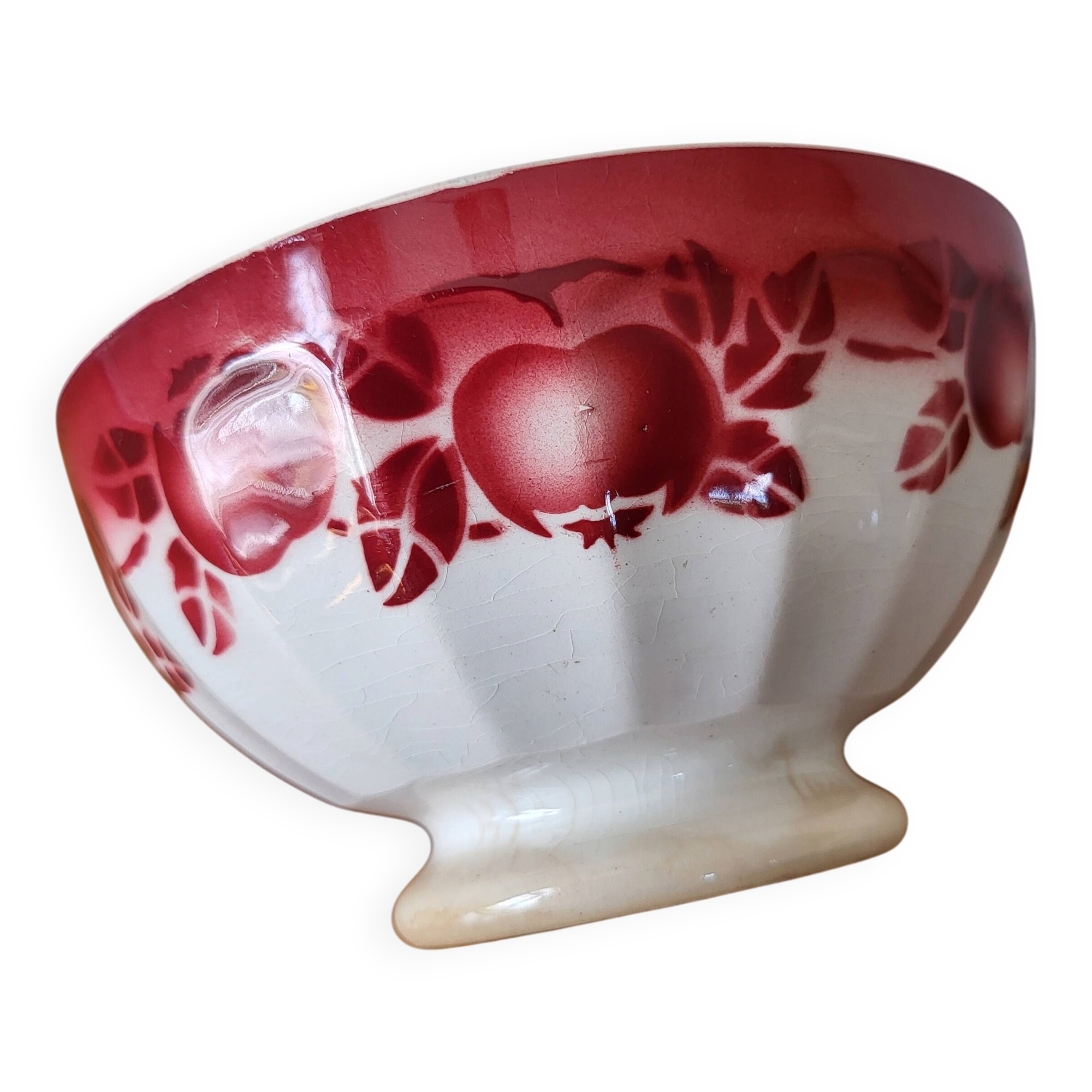 Old Faience Bowl from DIGOIN with Facets and Bordeaux Fruit Decoration