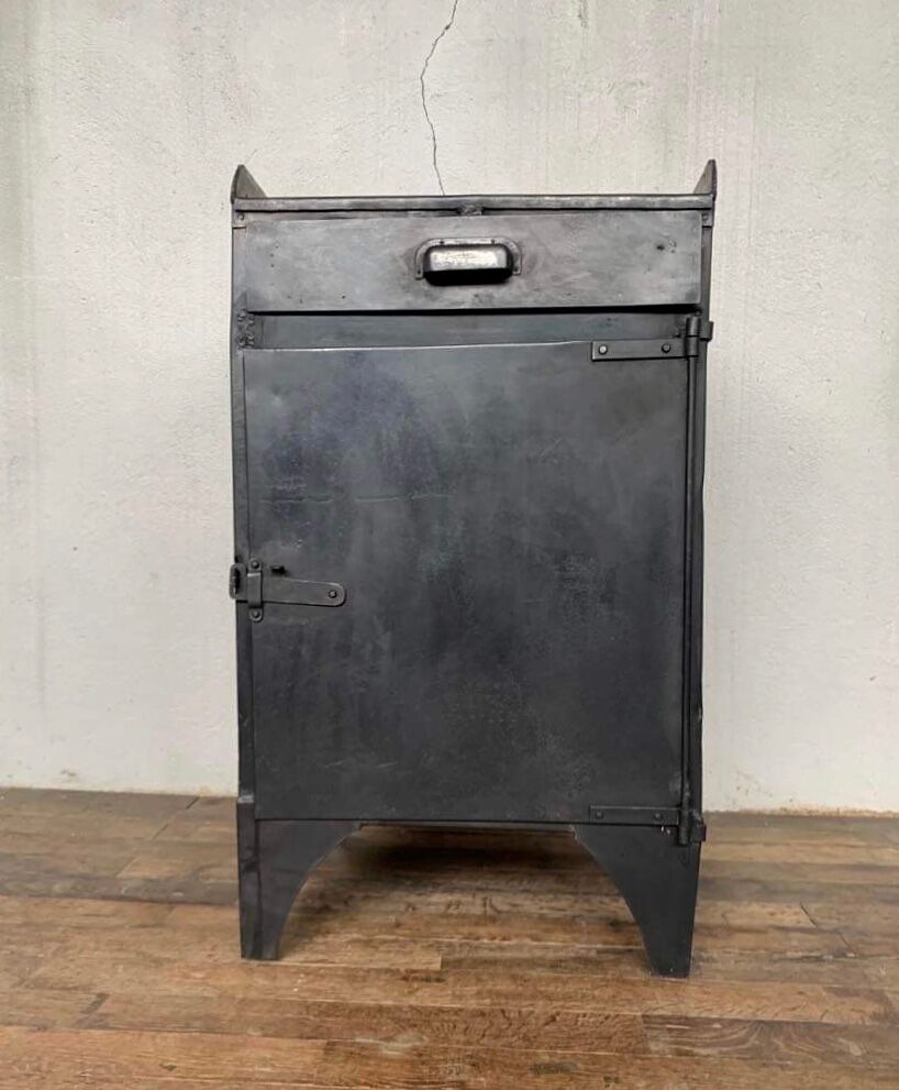 Old Industrial workshop furniture with 1 door 1 drawer in patinated iron