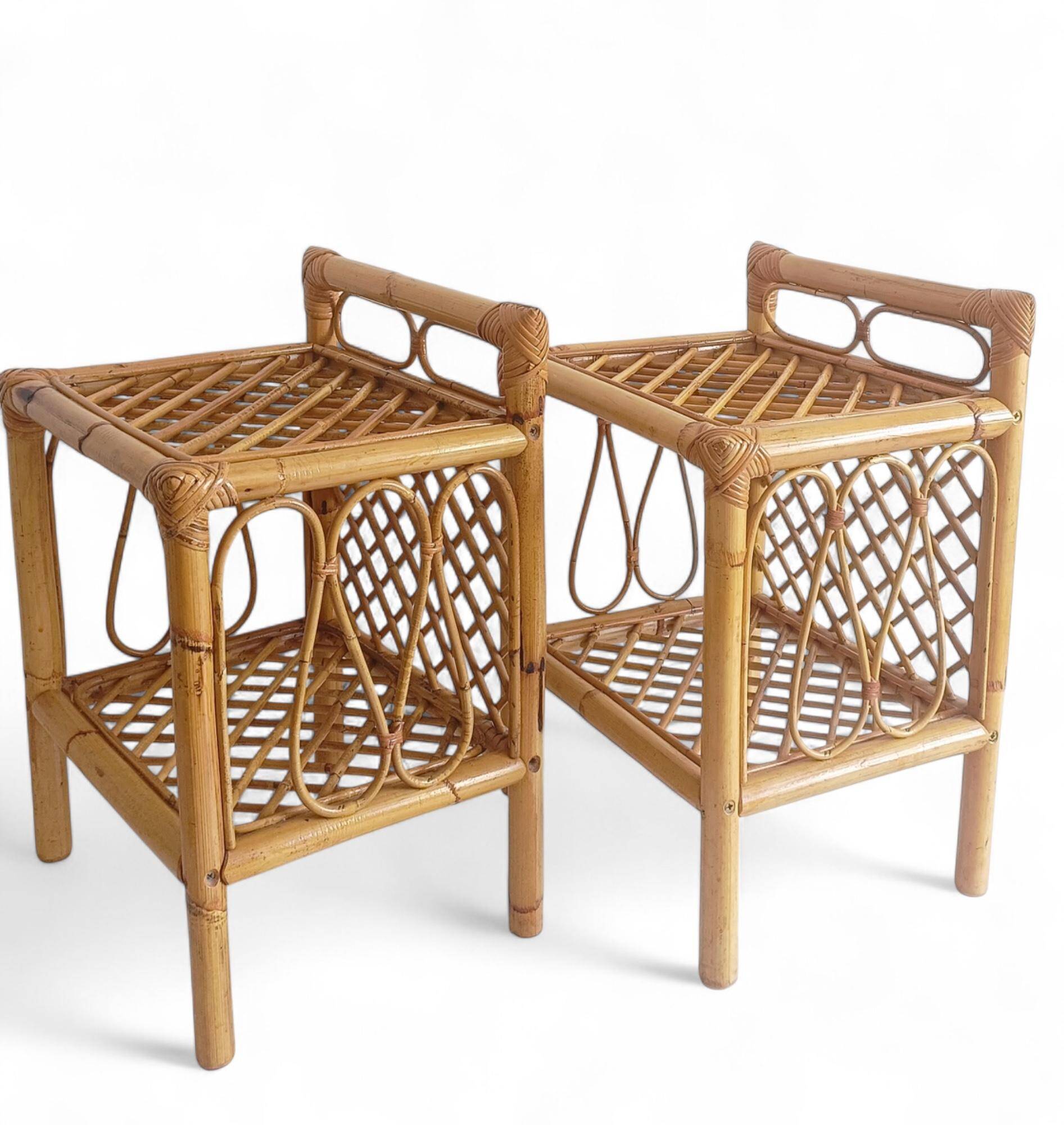 Mid-Century Bamboo and Rattan Nightstands, Spain, Hand-Crafted, 1970s