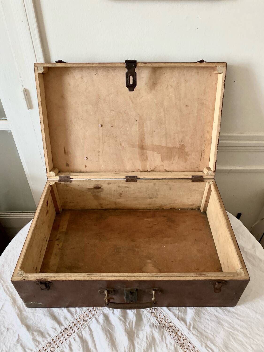 Large wooden trunk suitcase with Tunisia inscription