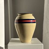 Large beige vase with blue and pink trim H27 D21
