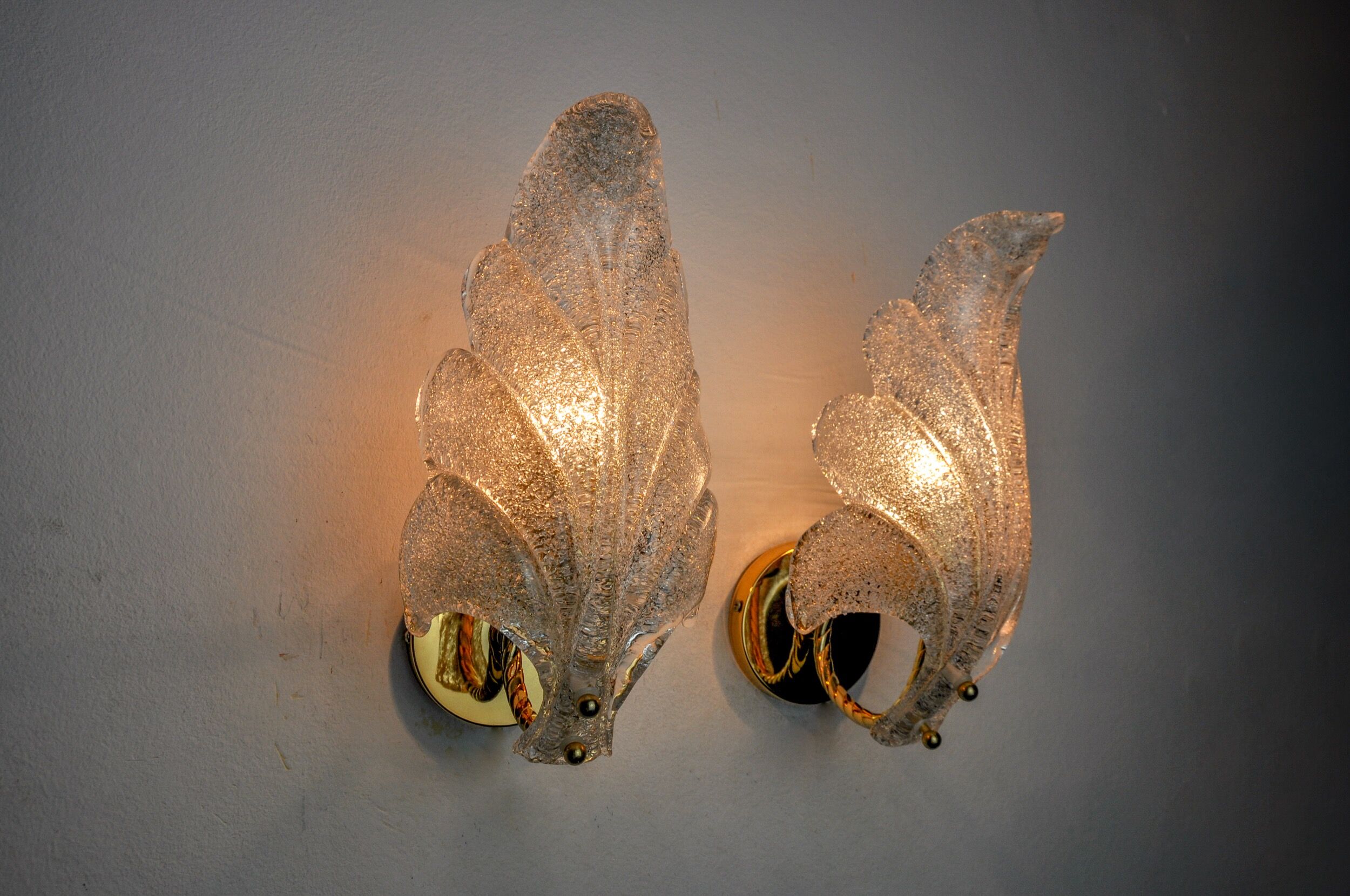 Pair of frosted leaf sconces, murano glass, italy, 1970