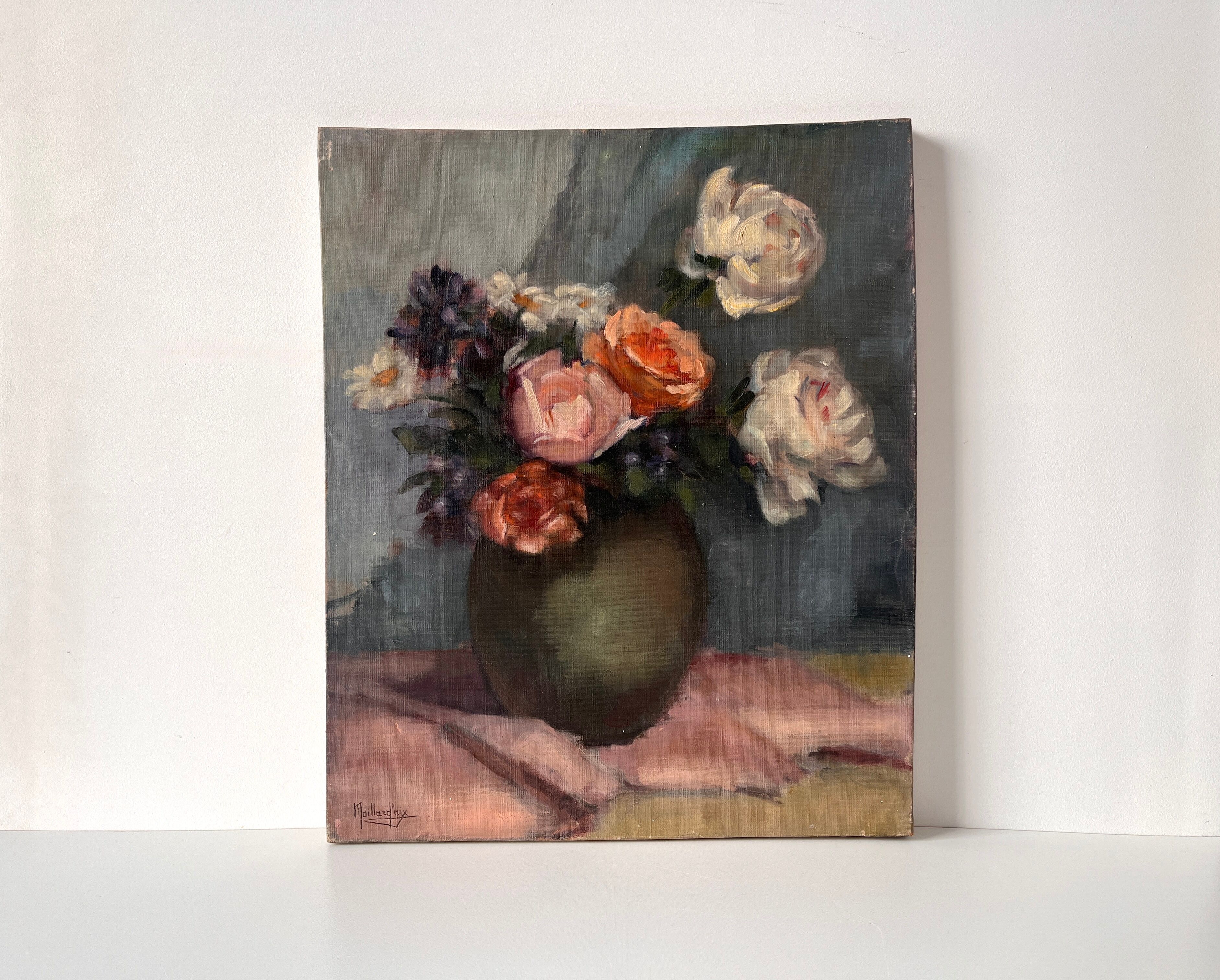 Nature morte à l'huile sur toile "le bouquet de roses" 1930, tableau ancien