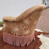 Fauteuil crapaud fleuri à franges ancien - 1930s