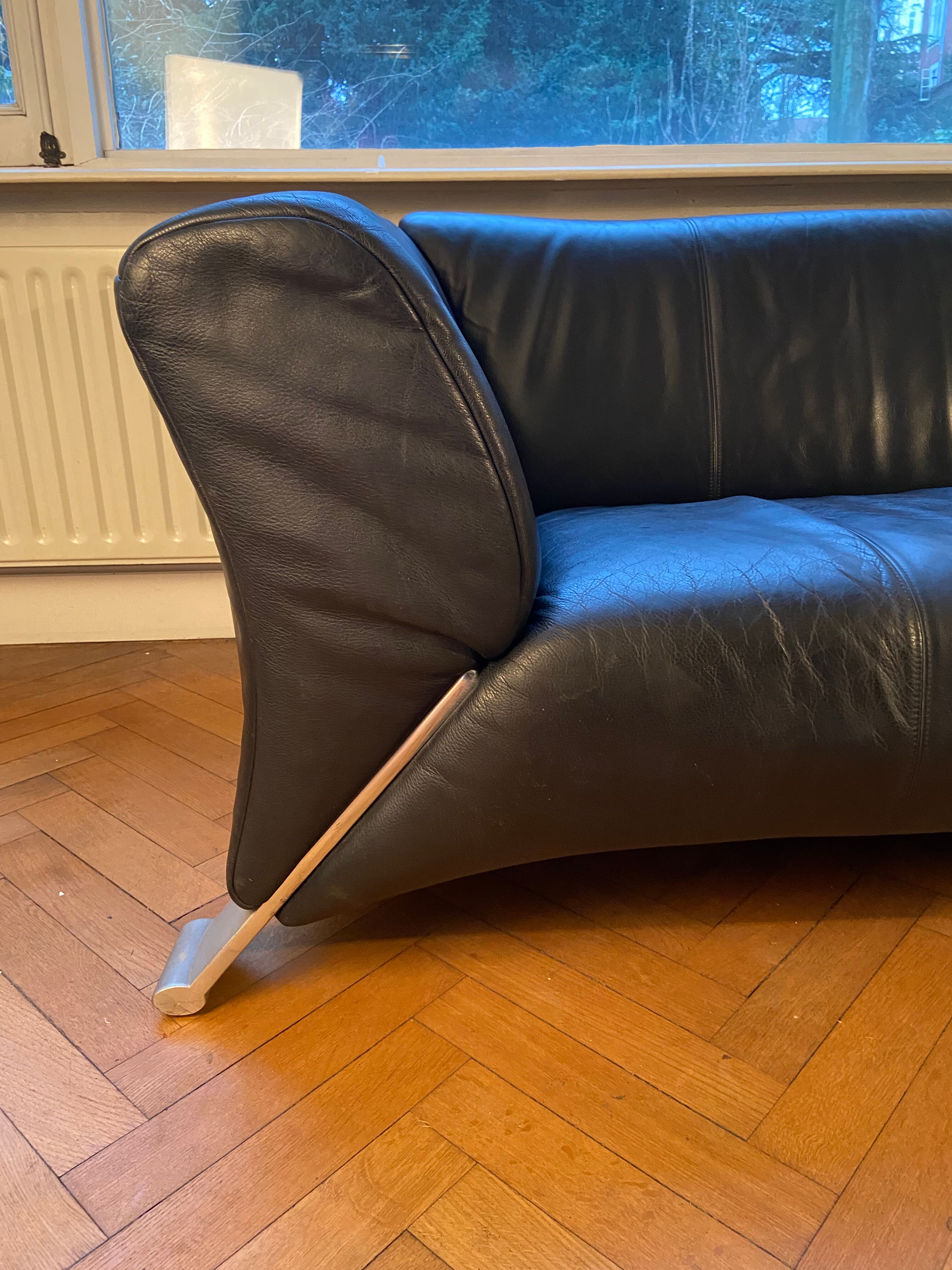 Rolf Benz 2-seater black leather sofa, Germany, 1980s