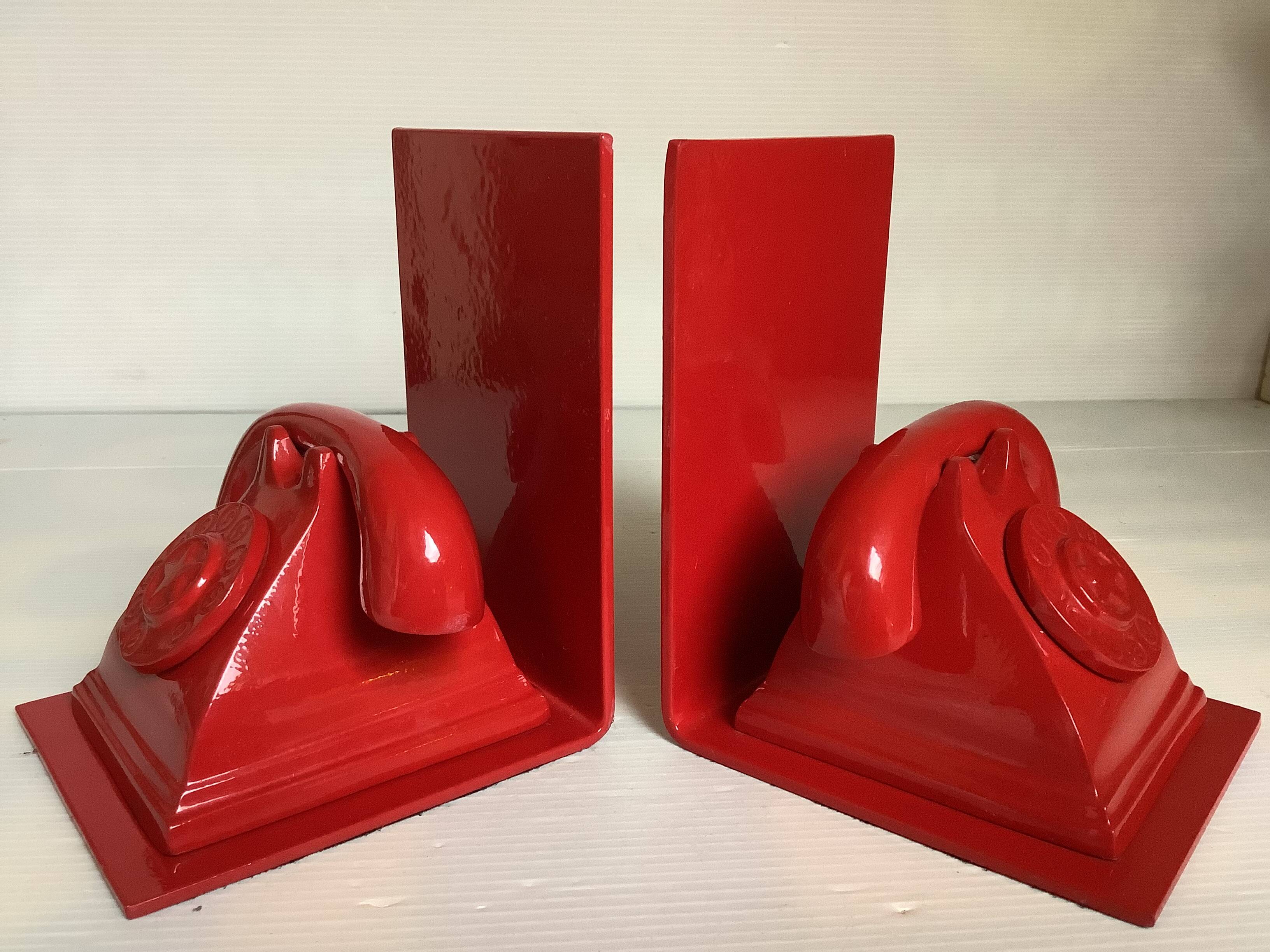 Pair of red telephone bookends
