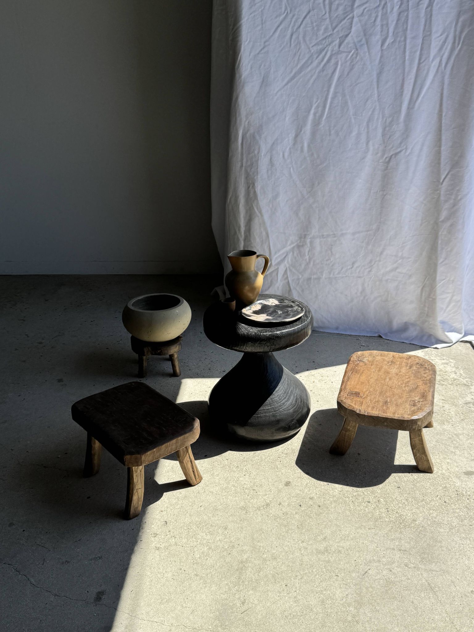 Small stool, rectangular rounded solid teak side table wabi-s