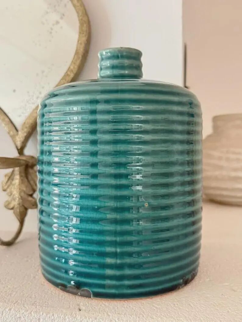 Duck blue ribbed glazed ceramic bottle vase – Mid-Century style