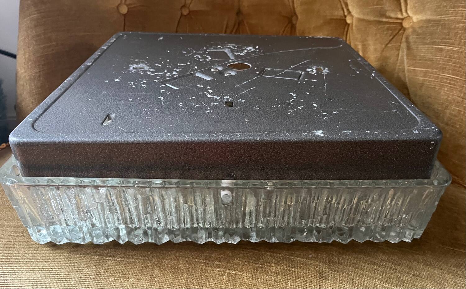 Very large vintage square Holophane wall light or ceiling light.