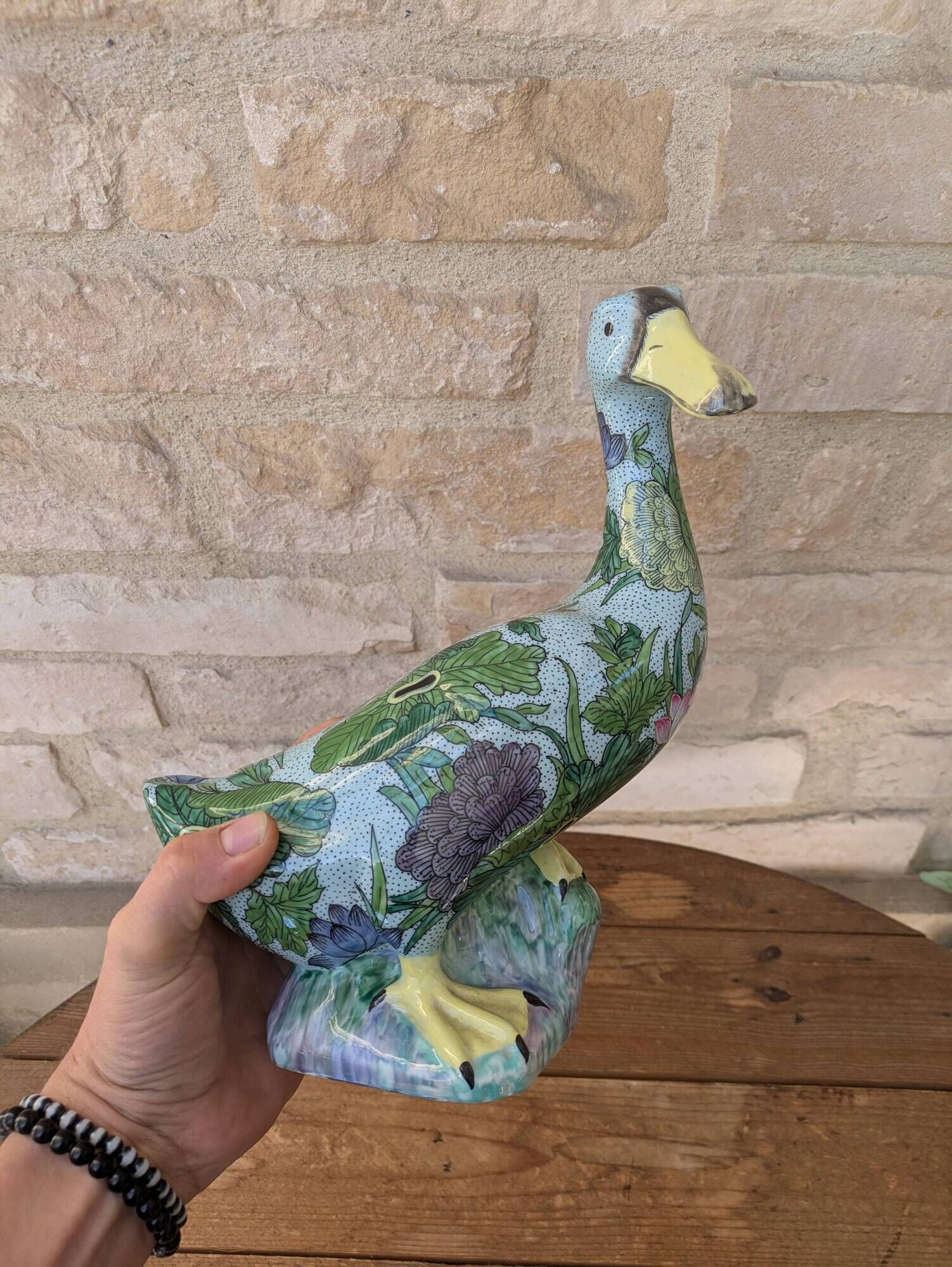 Very beautiful polychrome decorative duck cane statue in Porcelain from Par