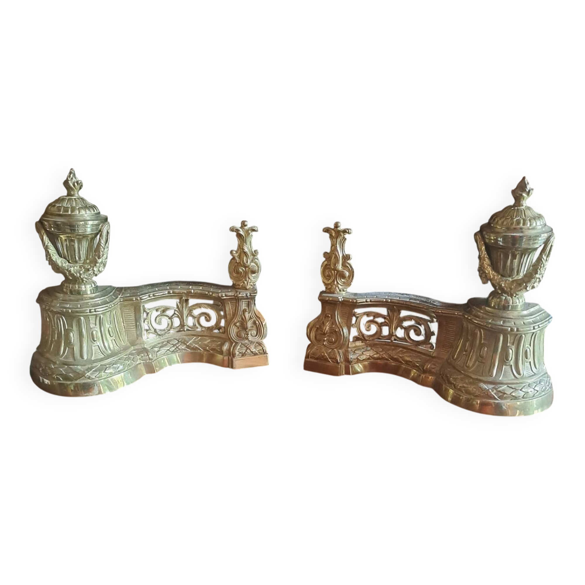 Paire de chenets en bronze doré style Louis XVI XIX éme