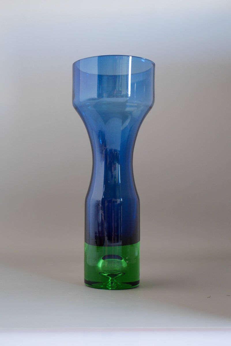 Mid-century modern Scandinavian bright blue and emerald green glass vase from Borgström Åseda, Sweden