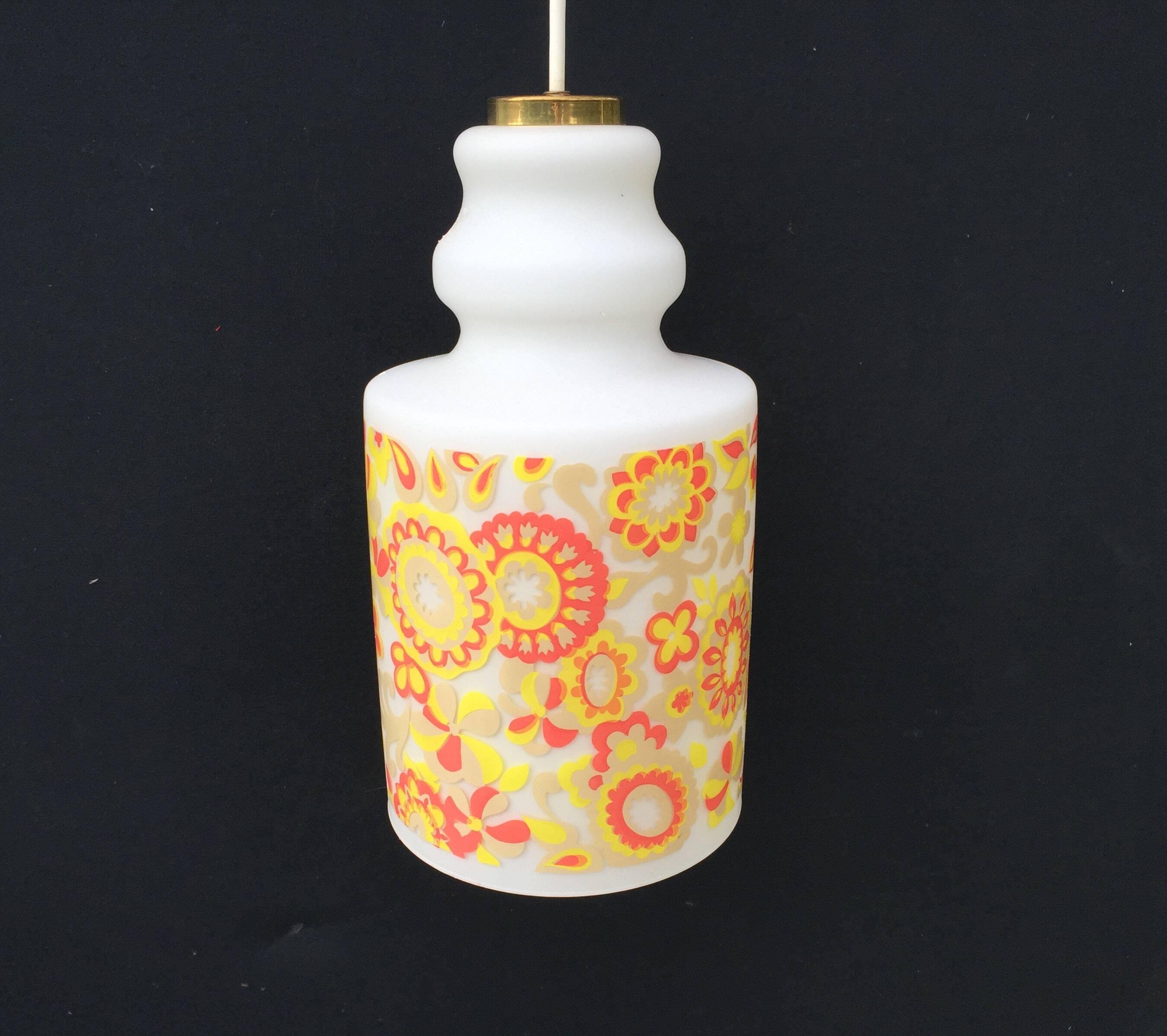 White and orange tube chandelier with seventies pop flowers