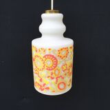 White and orange tube chandelier with seventies pop flowers