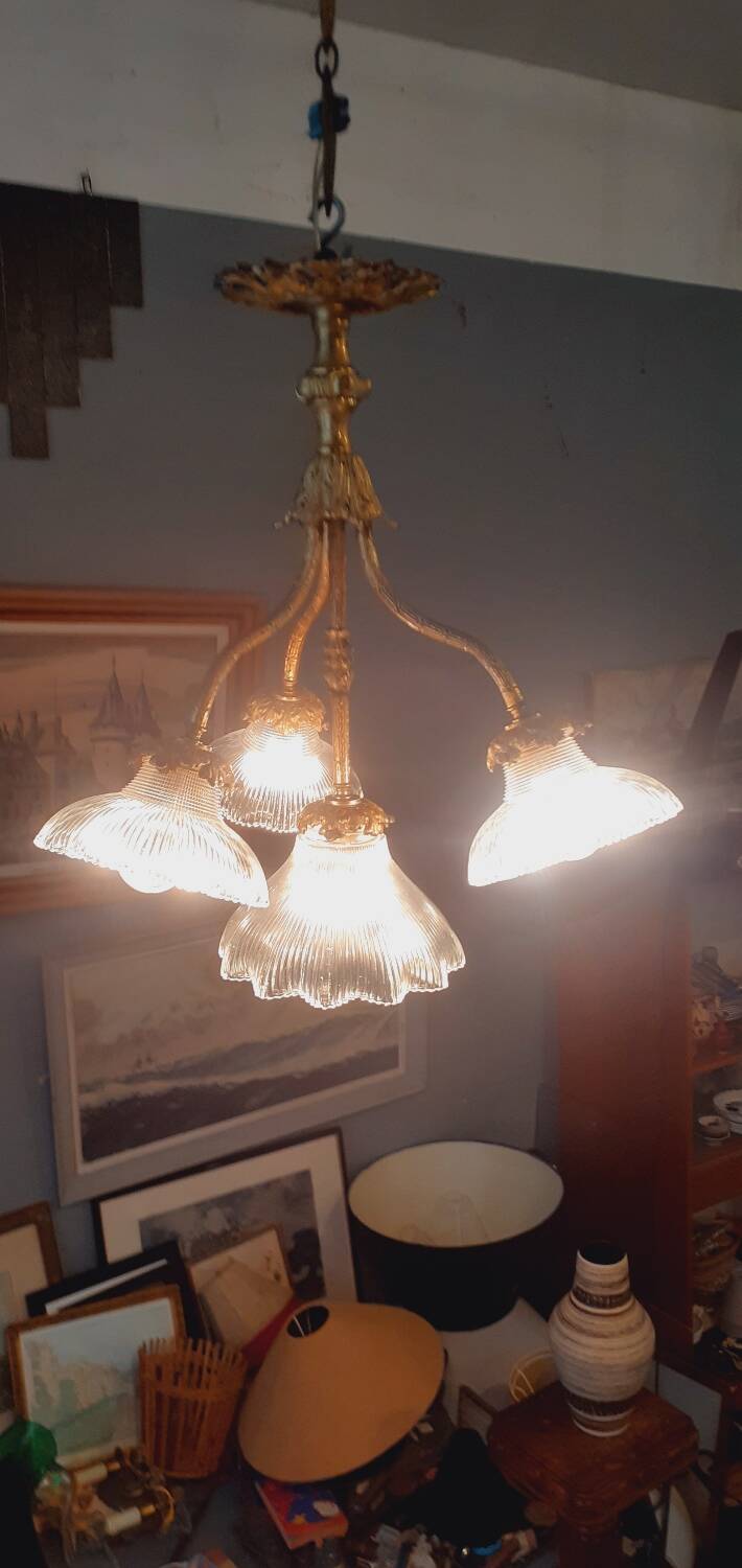 Chandelier in gilded bronze late 19th century around 1900 holophane glassware