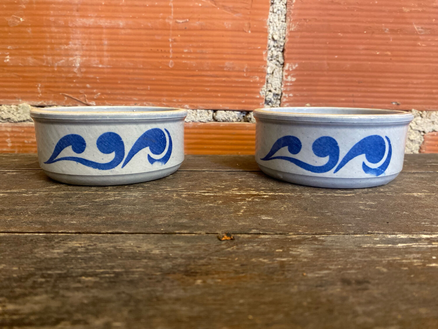 Pair of antique bowls handarbeit salt glaze blue decor vintage #d662