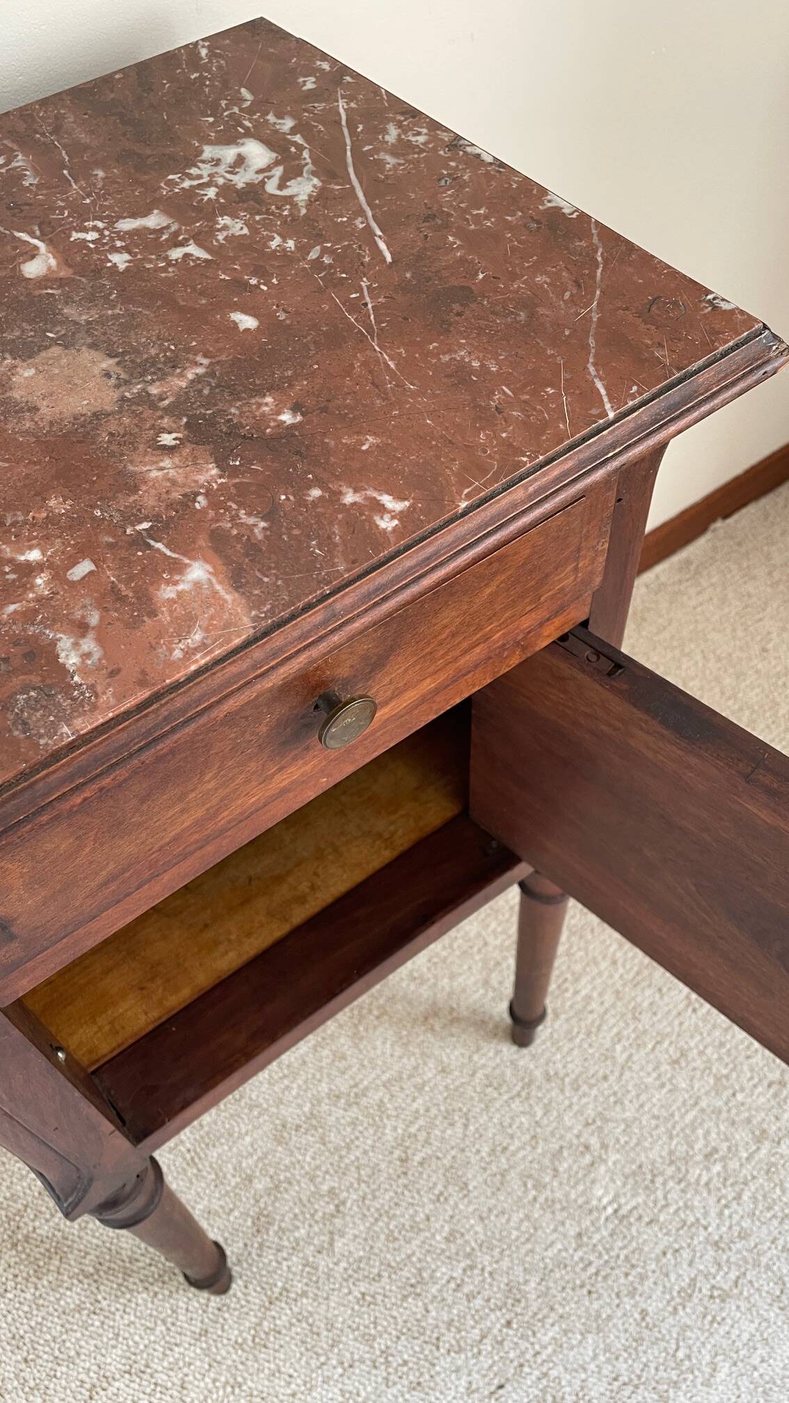 Antique bedside table in wood and marble