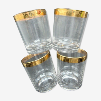 4 glasses with alcohol, bordered fine gold engraved with a Greek frieze, Art Deco