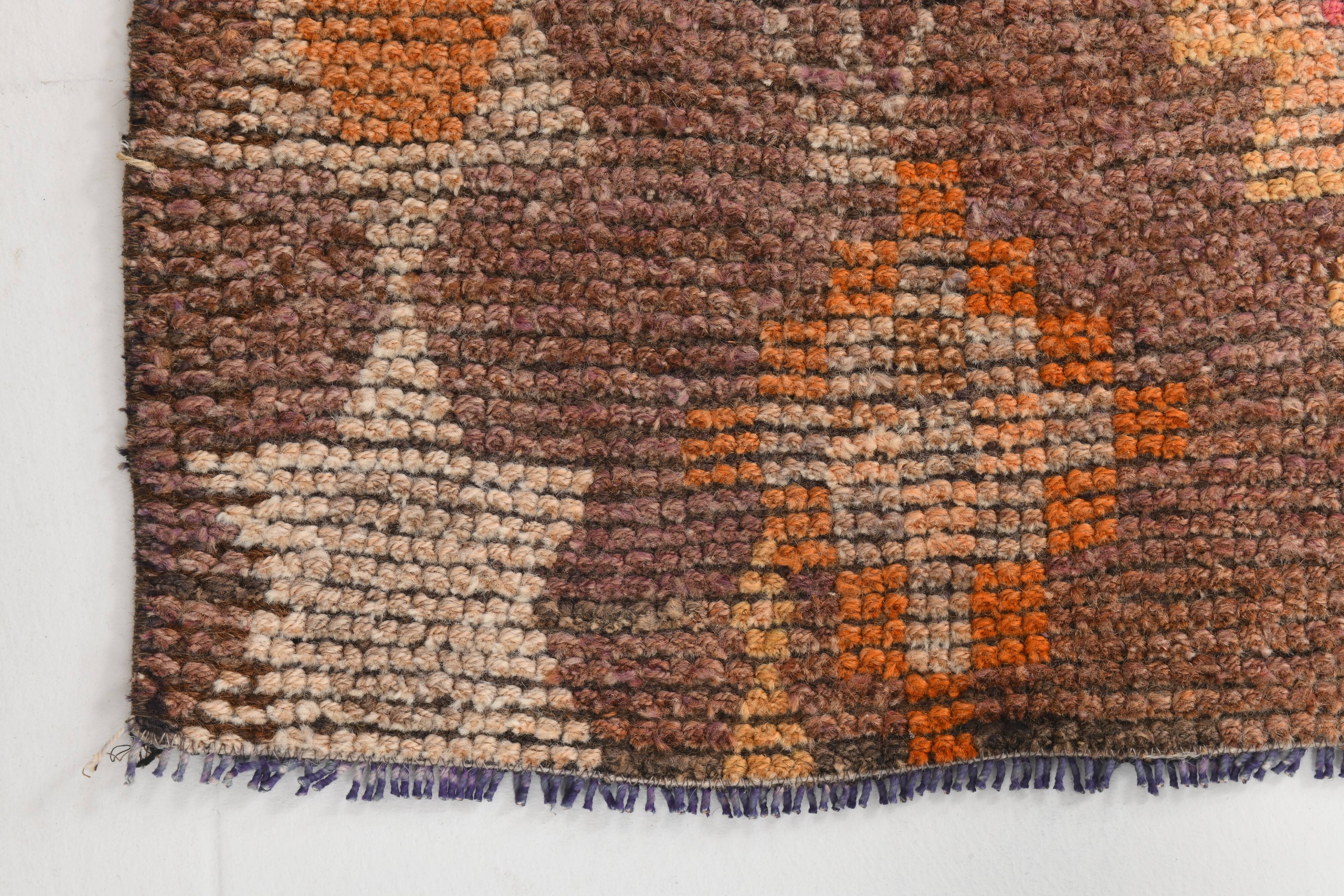 3x7 Brown Hot Pink Turkish Vintage Runner Rug, 92x227Cm