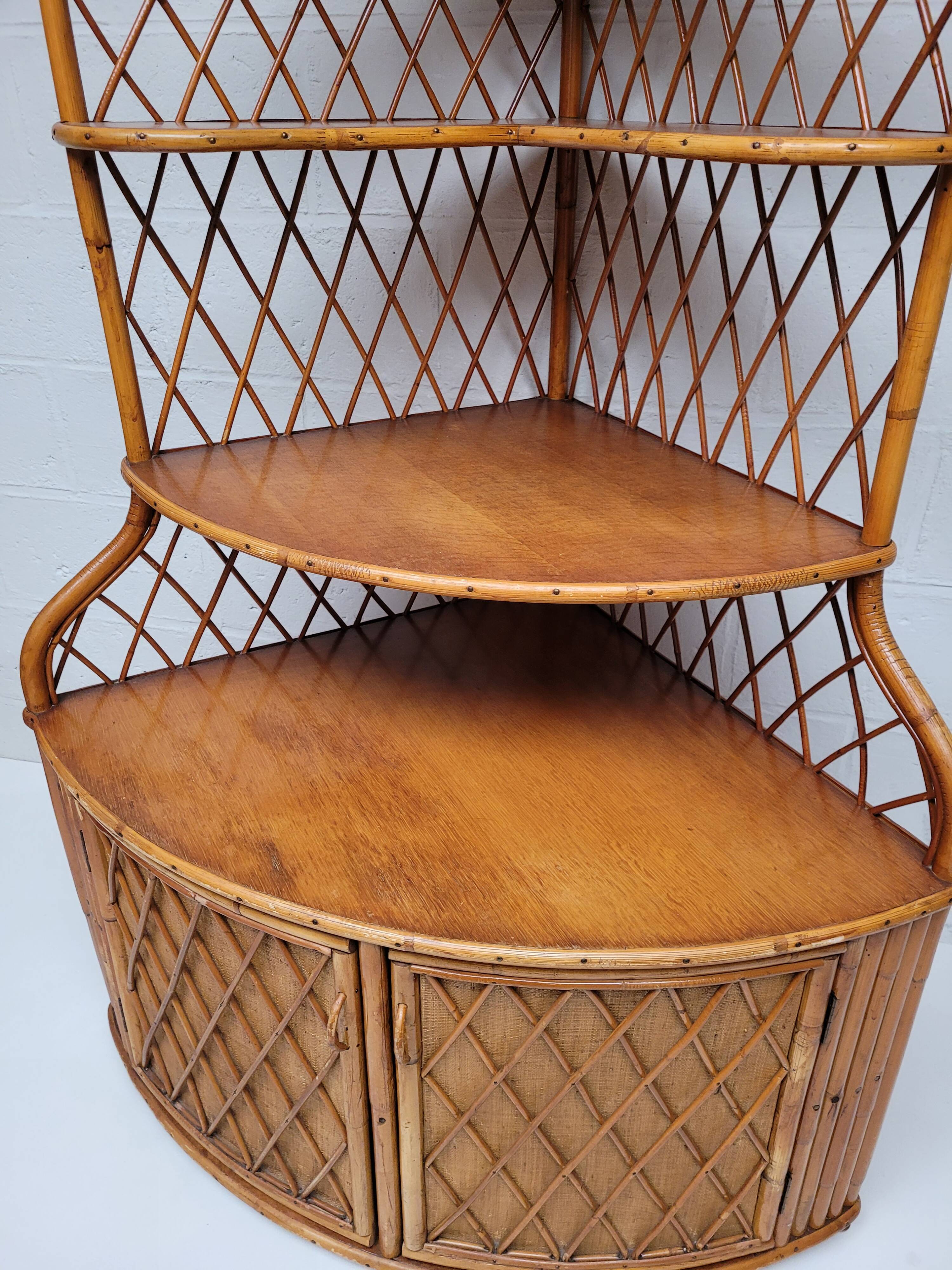 1960s vintage corner rattan bookshelf