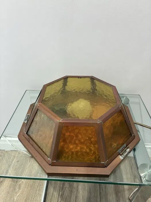 Vintage Octagonal Copper Amber Glass Flush Ceiling Lamp 1960s-70s