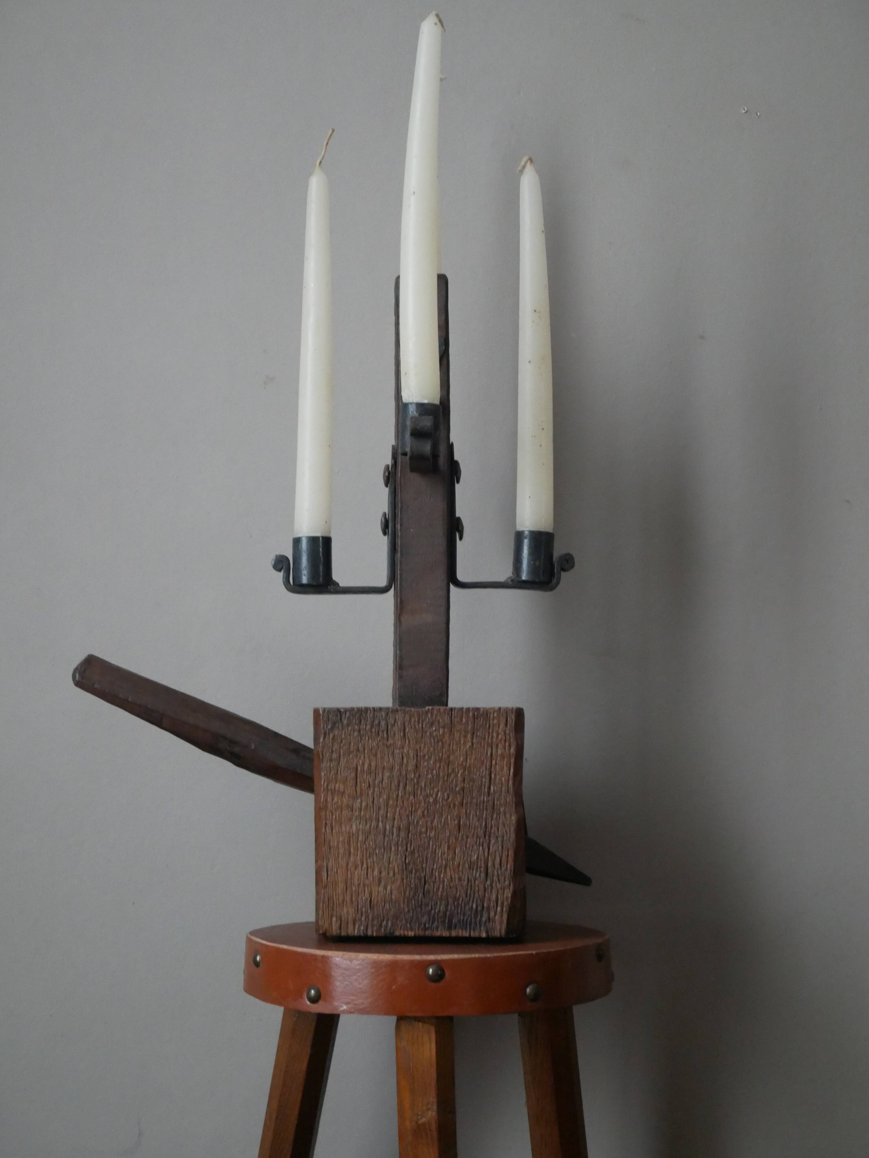 Candle holder wood wrought iron folk art decoration brutalist handmade countryside candlestick candelabra