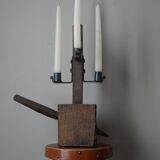 Candle holder wood wrought iron folk art decoration brutalist handmade countryside candlestick candelabra