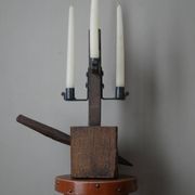 Candle holder wood wrought iron folk art decoration brutalist handmade countryside candlestick candelabra