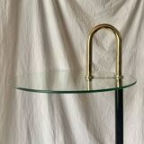 Old designer side table in tempered glass and black and gold metal
