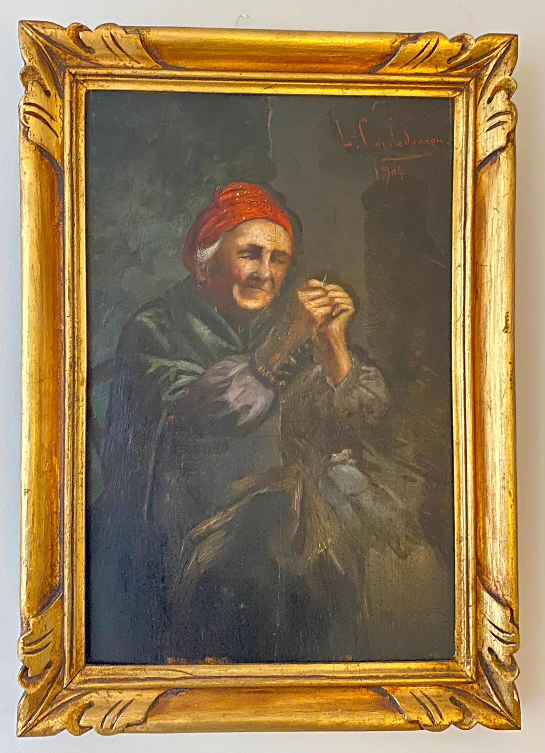 Old painting, the seamstress, signed L Cambedouzou and dated 1904