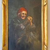 Old painting, the seamstress, signed L Cambedouzou and dated 1904