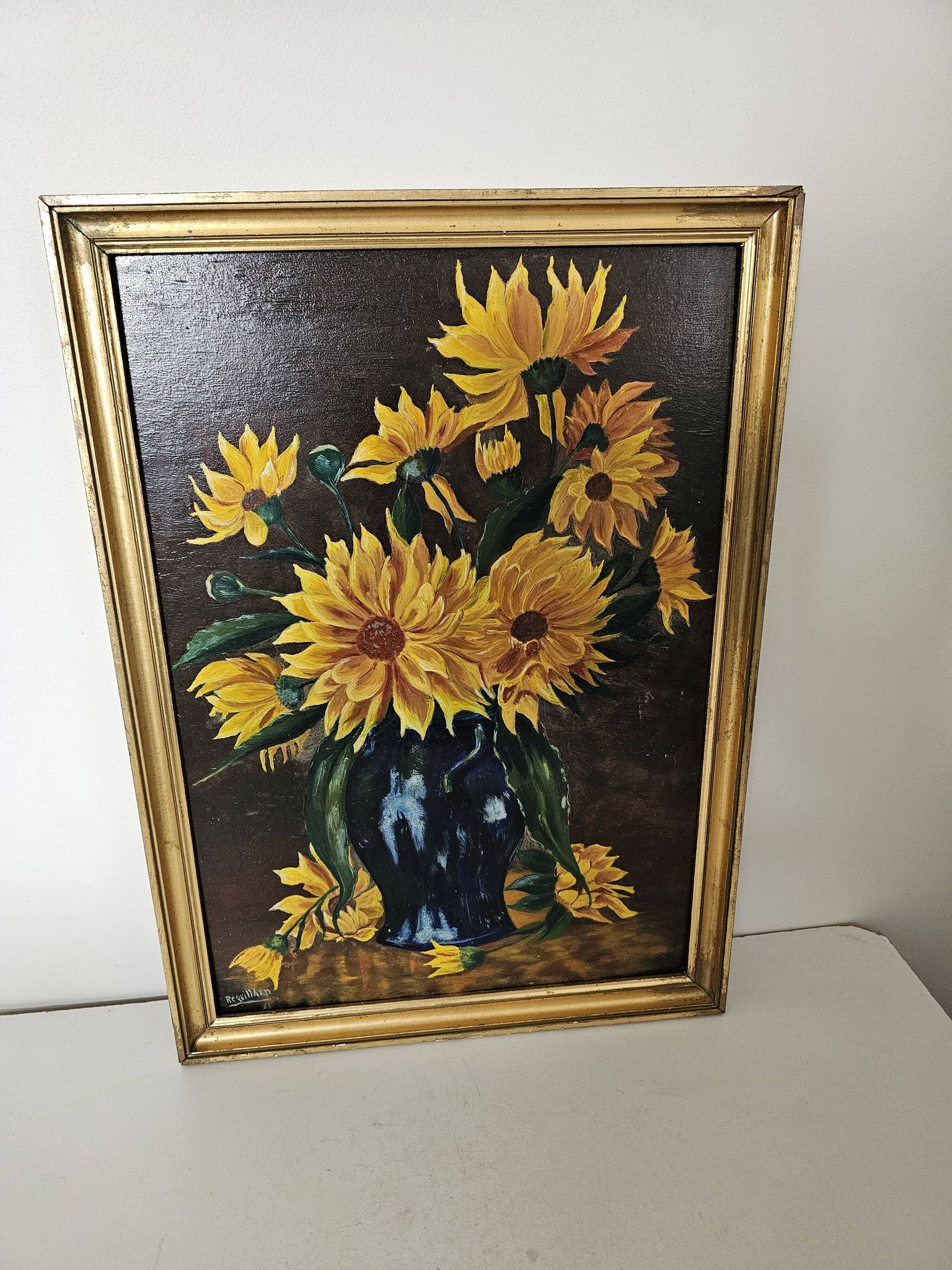 Oil painting on Isorel - Bouquet of yellow flowers Signed Rervillard