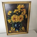 Oil painting on Isorel - Bouquet of yellow flowers Signed Rervillard