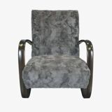 Pair of H 269 armchairs by Jindrich Halabala in wood and faux fur, brown/grey, 1930s