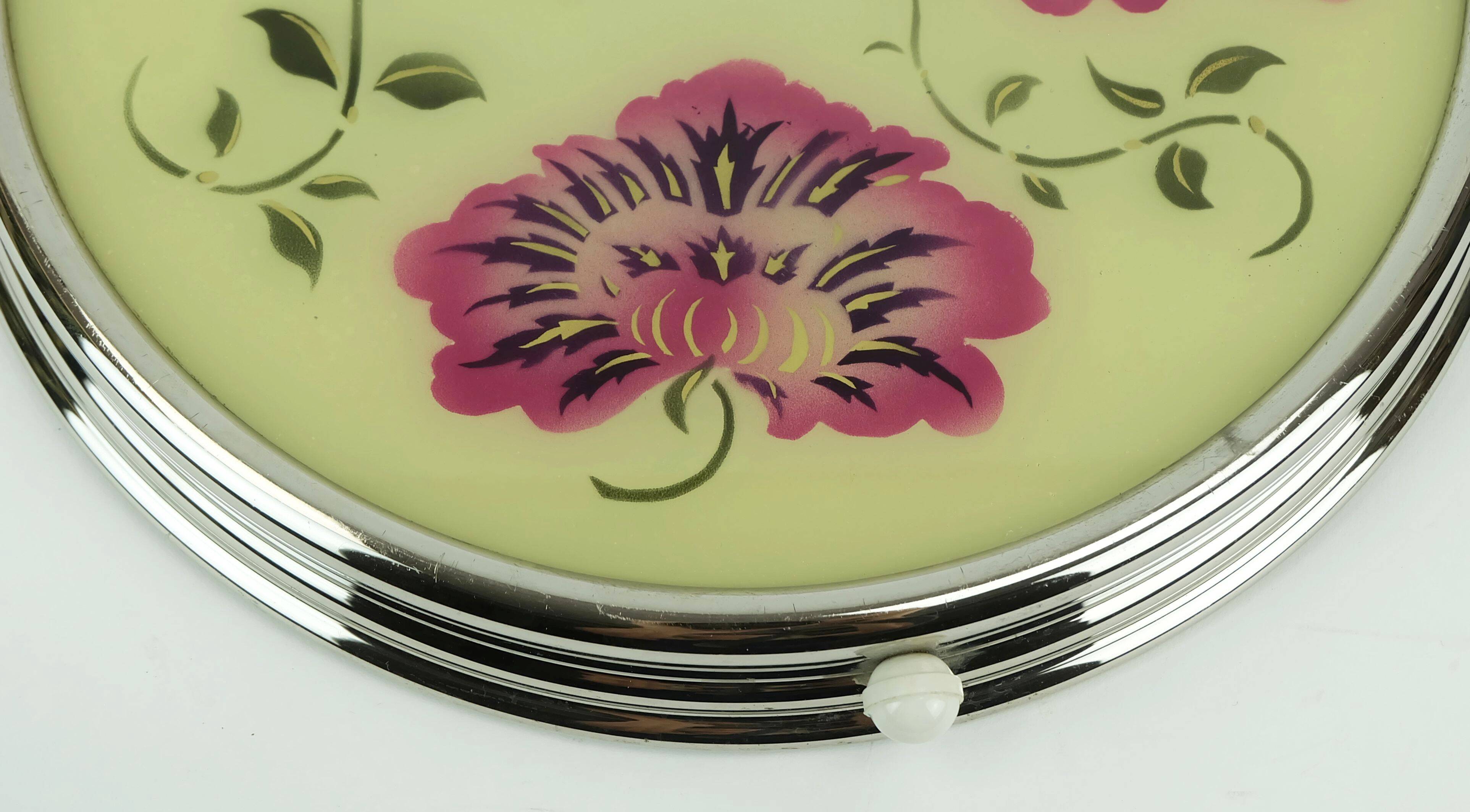 1930s rotatable cake platter glass chrome with pink and purple flower decor