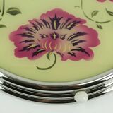 1930s rotatable cake platter glass chrome with pink and purple flower decor