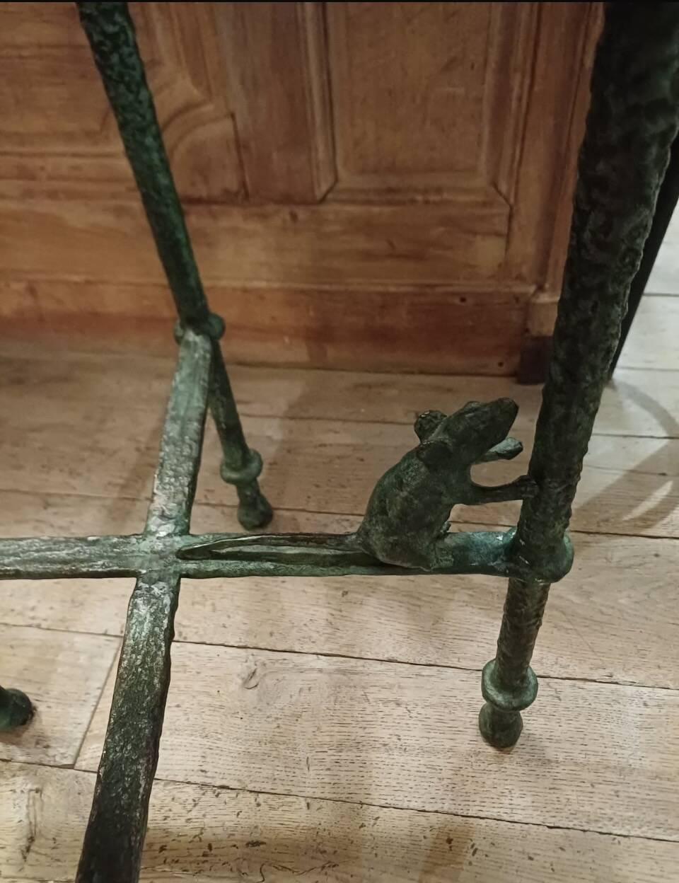 Pair of patinated bronze stools in the spirit of Giacometti.