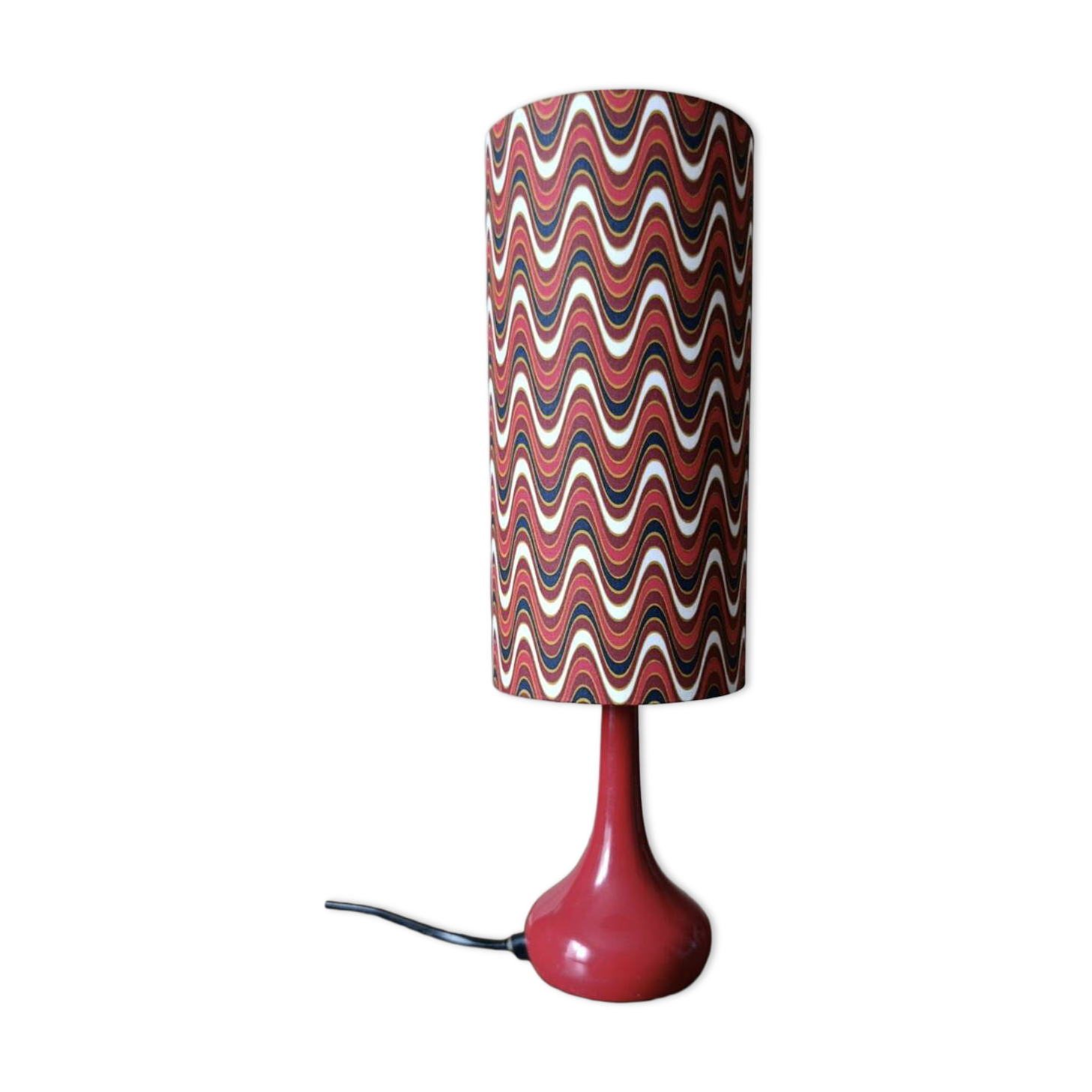 Red seventies lamp, tubular lampshade with ripple print