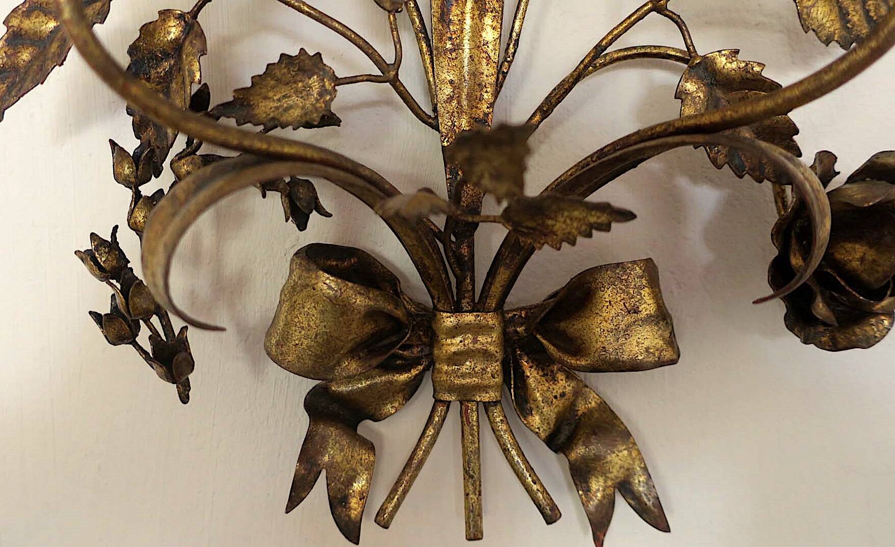 Pair of gold plated wall double candleholders with roses by Hans Kögl, 1960