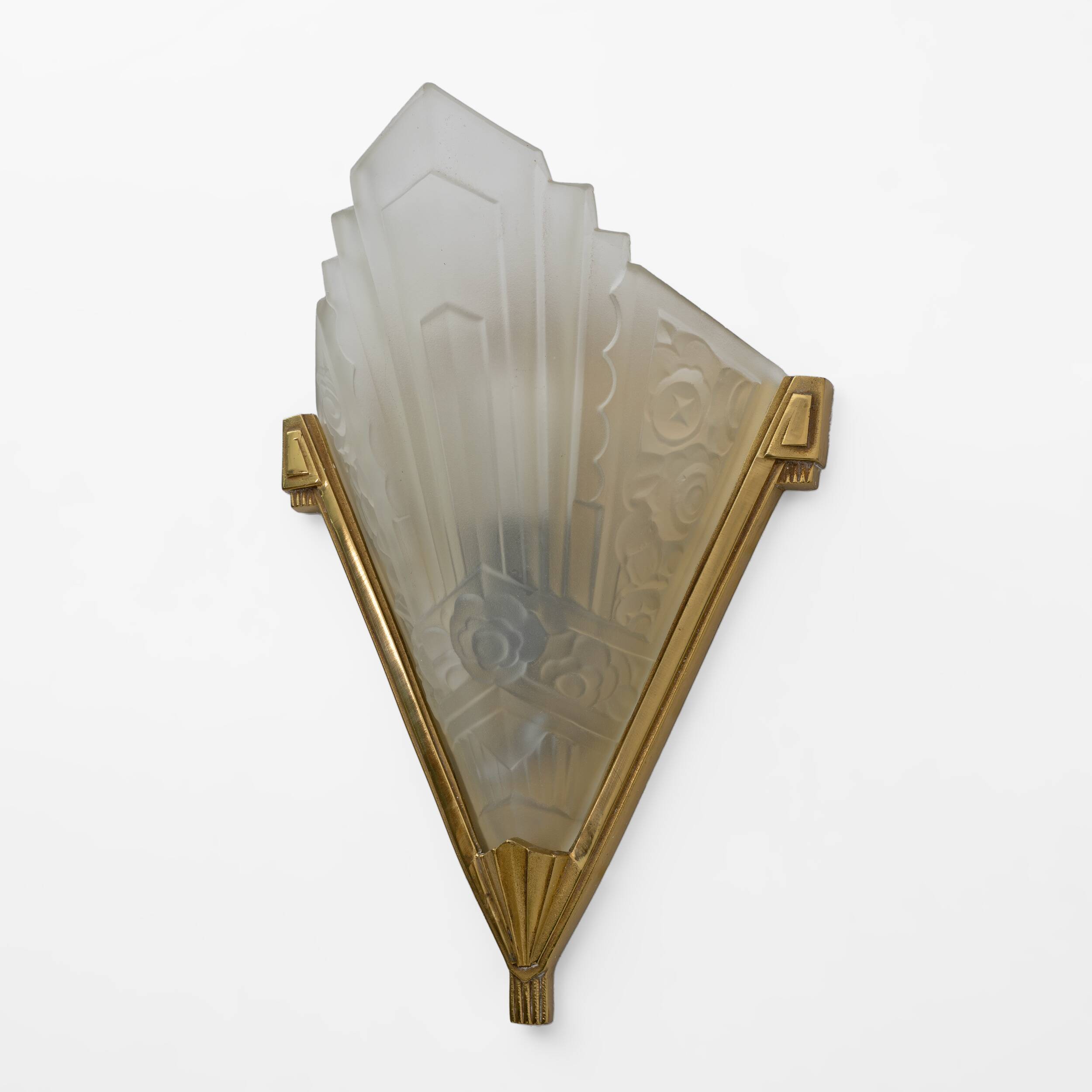 Pair of Art Deco Pressed Glass and Brass Sconces, France, 1930s