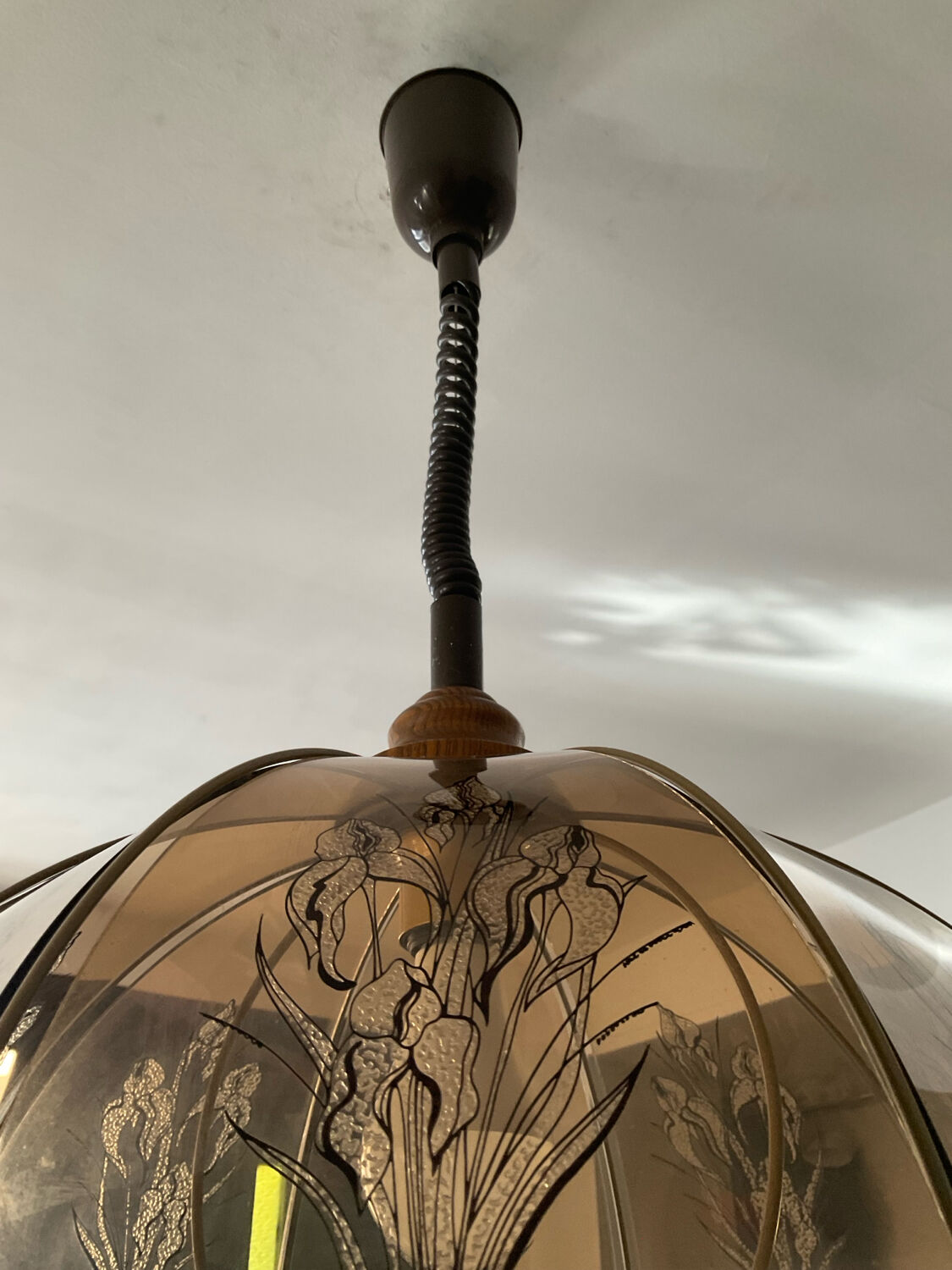 Scandinavian style glass and wood pendant light.