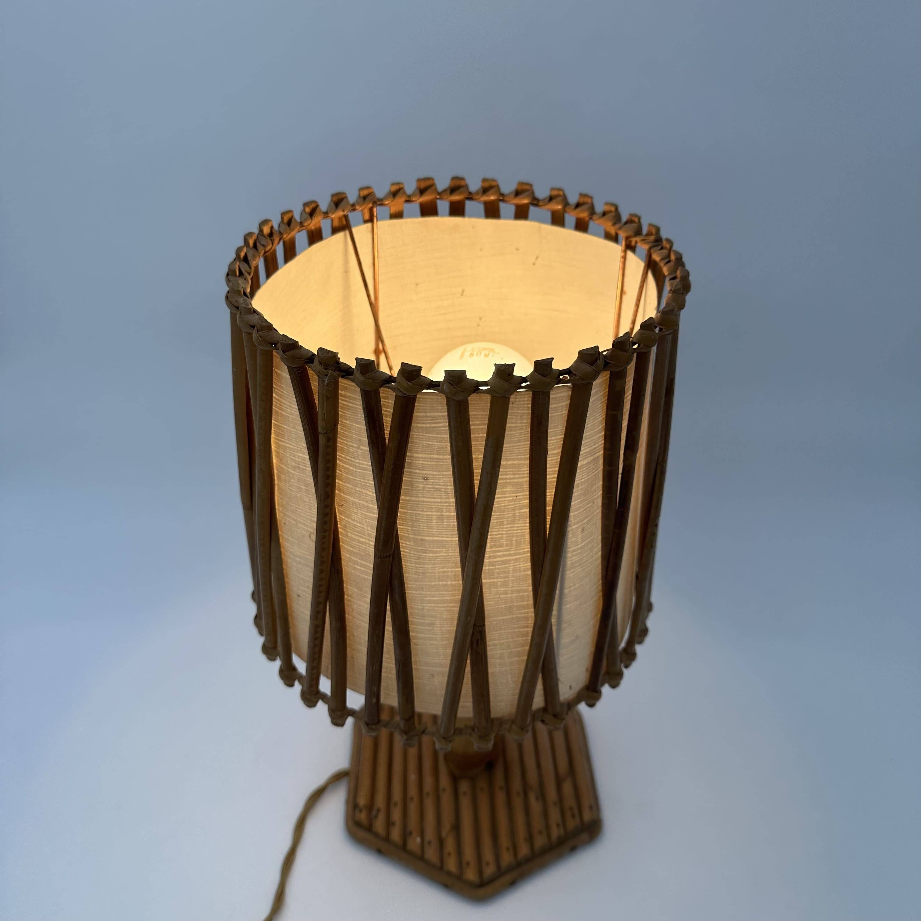 Rattan Table Lamp with Crosshatch Shade, Attributed to Louis Sognot,