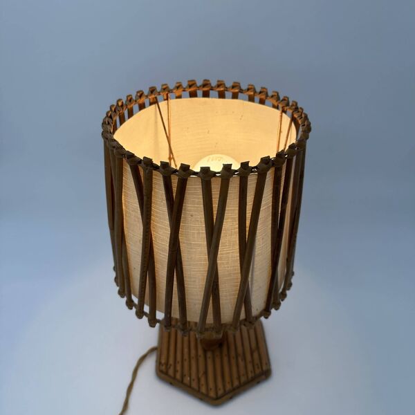 Lampe de Table en Rotin à Abat-jour Croisillons, Attribuée à Louis Sognot,