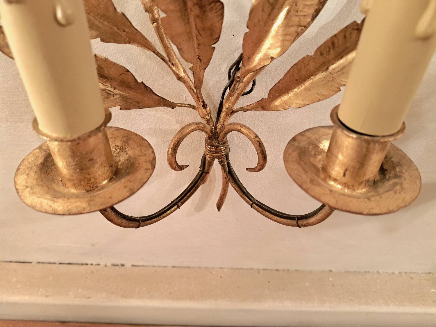 Pair of gold-tone metal leaf wall sconces