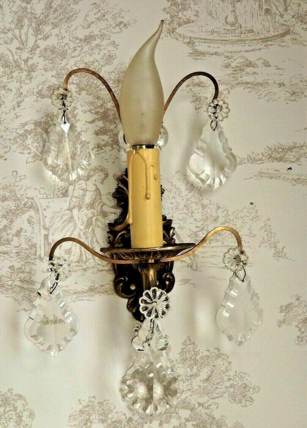 Pair vintage french ornate single wall lights with crystal drops 3138